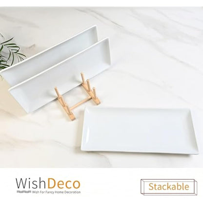 WishDeco Ceramic Serving Platters Set of 3, White Rectangular Plates L35 cm x W15 cm, Large Serving Trays 14 inch, Porcelain Serving Dishes, Party Platters for Dessert, Buffet, Snack, Steak, Fruit