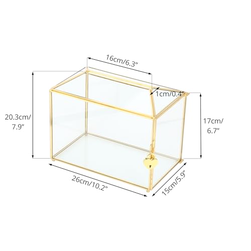 NCYP Glass Card Box with Slot and Lock for Wedding, Party Reception, Donation, Keepsake - Small 26x15x20.3 CM - Geometric Decorative, Gold, Handmade