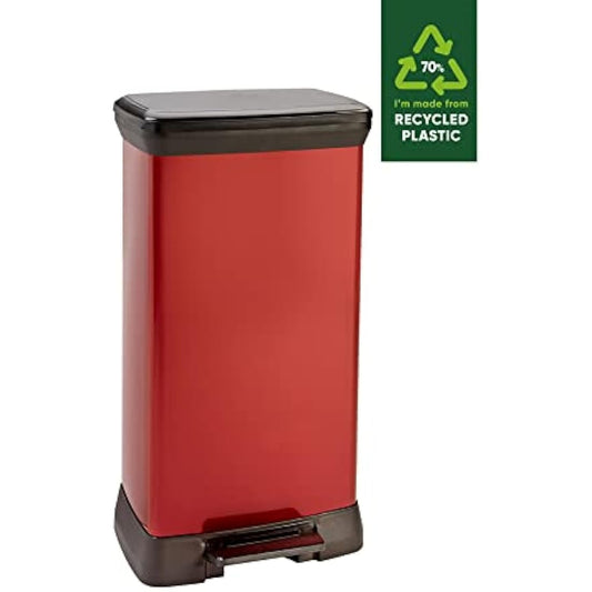 Curver Metal Effect 70% Recycled Kitchen Pedal Touch Deco Bin 50 Litres - Red