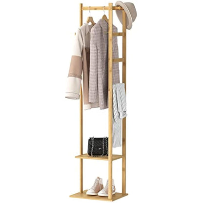 unho Bamboo Clothing Rack, Corner Coat Rack Stand Hall Trees Free Standing Clothes Hanging Rail Garment Rack with 2 Shelves 3 Hanger Hooks and Pants Hanger for Entryway Bedroom Living Room
