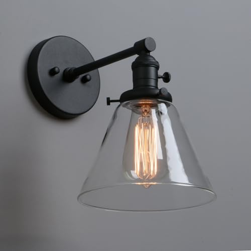 Phansthy Edison Industrial Wall Sconce 7.3 inch Vintage Brass Glass Wall Light Fixture Decorative Lighting for Kitchen, Living Room, Hallways(Black)