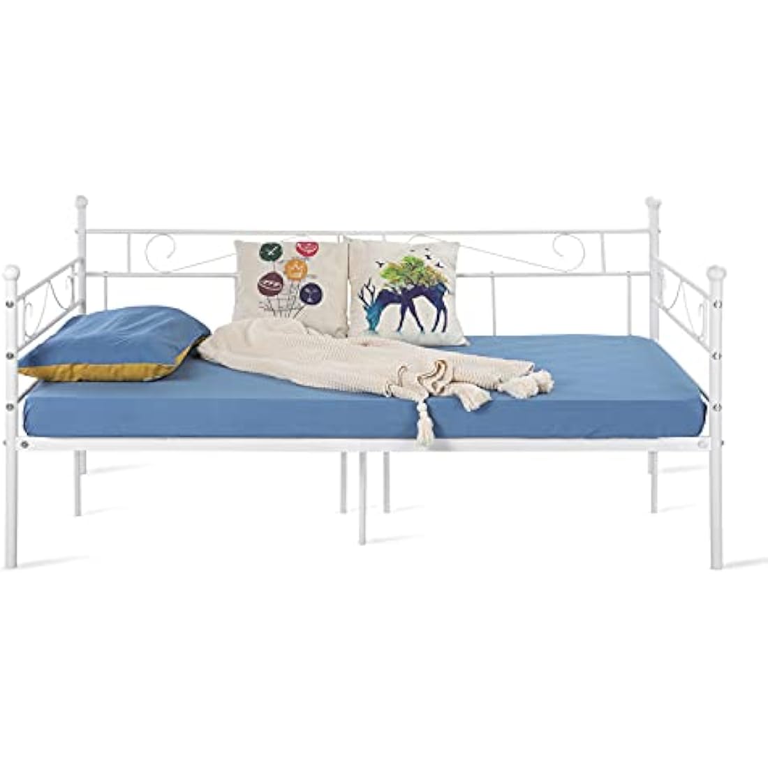 buybyroom Day bed Frame,Modern Metal Day Bed Sofa, Platform Bed Base with Headboard and Footboard Premium Stable Metal Slats for 90 x 190 mattress,White