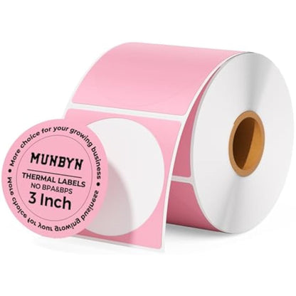 MUNBYN 76x76mm Pink Circle Thermal Sticker Labels, Self-Adhesive Round Direct Thermal Labels, Multi-Purpose Roll Stickers for Business-500 Sheet/1 Roll