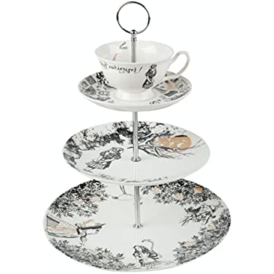 V&A Alice In Wonderland 3 Tier Cake Stand Serving Set, Cake Standing Set, Gift Boxed, White