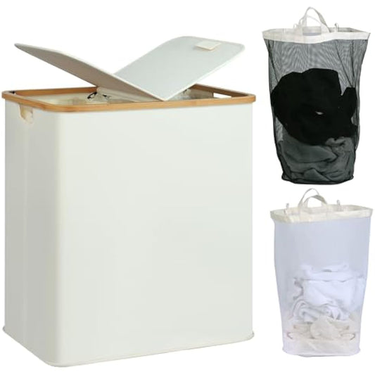 efluky 140L Laundry Baskets with Lid 2 Compartments, Large Laundry Hamper, Double Laundry Basket Storage with 2 Removable Bags, Beige