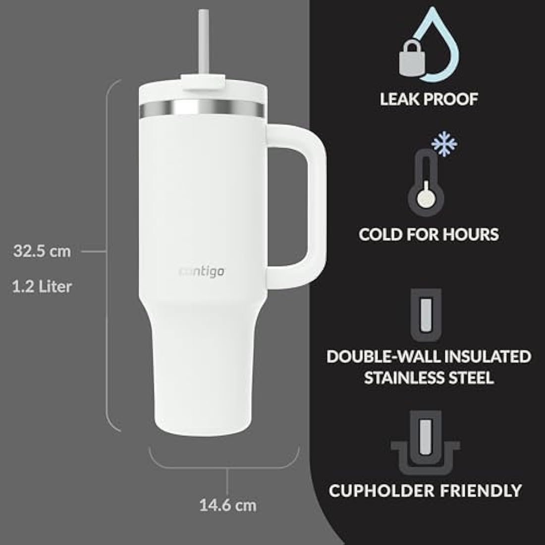 Contigo Streeterville Tumbler 1200 ml with Handle, Stainless Steel Vacuum Insulated Water Bottle with Straw and Lid, Cold for 29 Hours, Travel Mug, Thermal Flask, BPA Free