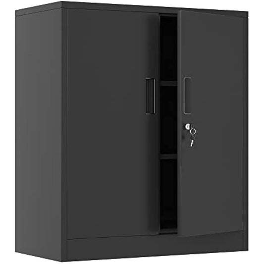 iJINGUR Metal Storage Cabinet with Locking Doors and 2 Adjustable Shelves, Small Lockable Storage Cupboard for Home Office Garage (Black)