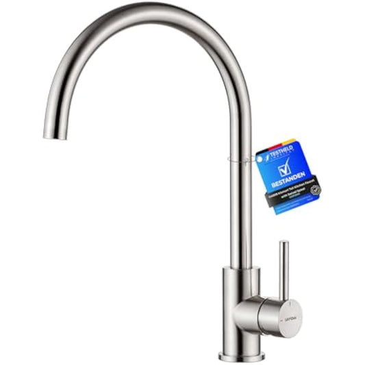 GRIFEMA G4008 Kitchen Sink Taps Mixer with Single Lever High Arc 360°Swivel, Stainless Steel Kitchen Mixer Taps 1 hole with Chrome Finish, Classic Design[Energy Class A+]