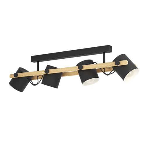 Eglo Ceiling Light Hornwood, 4 Light Vintage and Industrial Style Lighting Made of Black Metal and Natural Wood, Living Room and Bedroom spotlights,