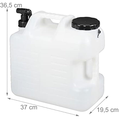 Relaxdays Water Canister with Tap, 20 litres, Camping Container, BPA-Free Plastic, Wide Opening, Handle, White/Black, 38x22x39 cm