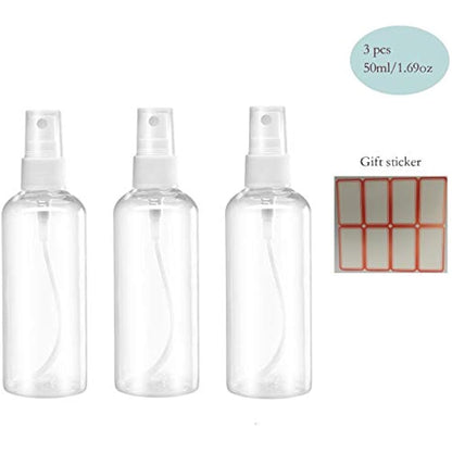 USSJ Spray, 1.69oz/50ml 3.38oz/100ml Clear Empty Fine Mist Plastic Mini Travel Bottle Set, Small Refillable Containers with Labels (3pcs 50ml), Pet