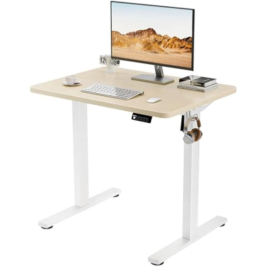 ERGOMAKER Electric Small Standing Desk 80x60cm Height Adjustable Desk, Sit Stand Desk with Memory Handse and Hooks, for Home Office (White Frame + Gold Oak Desktop)