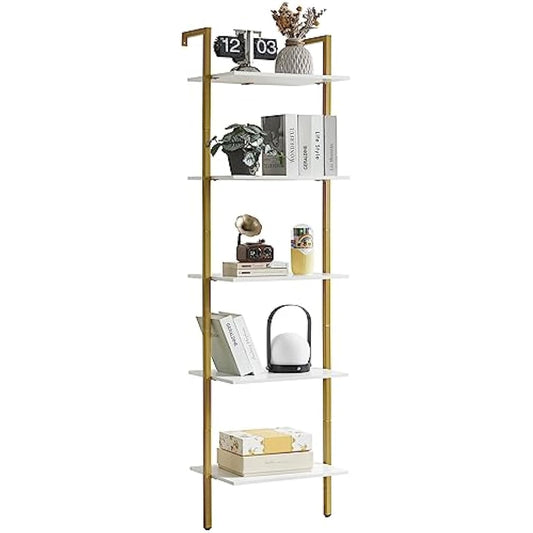 YMYNY Bookshelf Wall Mounted, Ladder Shelf, 5-Tier Bookcase Rack, Storage Unit with Metal Frame, Industrial Floating Wall Shelf for Living Room, Kitchen, Office, 40×30×178CM White HBC015W