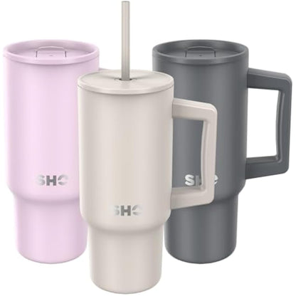 SHO XL Tumbler - Insulated Stainless Steel Reusable Water Bottle Iced Coffee Travel Mug with Handle, Straw Lid & Slider Lid - 900ml / 30 oz - Cold 24 Hours - Hot 12 Hours (Soft Taupe, 900ml)
