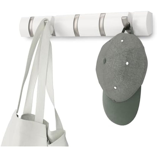 Umbra Flip 5-Hook Wall Mounted Coat Rack, Modern, Sleek, Space-Saving Coat Hanger with 5 Retractable Hooks to Hang Coats, Scarfs, Purses and More, White/Nickel