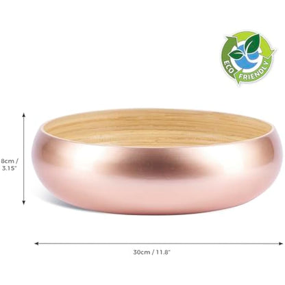Dehaus® Large Stylish Bamboo Fruit Bowl - 30cm, Rose Gold - Wooden Salad Serving Bowl - Fruit Basket for Kitchen or Bread Basket - Table Centrepiece Decoration - Home & Kitchen Tableware Accessories