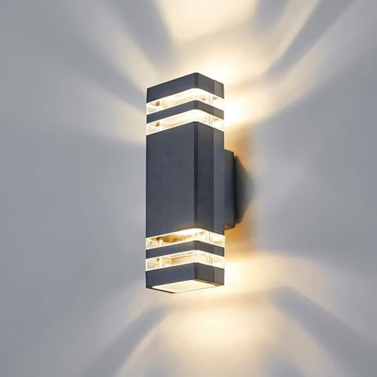CELAVY Outdoor Wall Lights Mains Powered Outside Up Down Lights, IP65 Waterproof LED Porch Front Door Light, Square GU10 External Modern Lighting Exterior Electric Sconce Lamp for House, Grey
