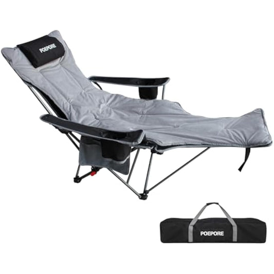 POEPORE Reclining Camping Chair 4-Position with Foot Rest Detachable Folding Deluxe Camping Chair Lounger Lightweight with Cotton Padded Luxury Cup Holder Black