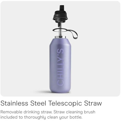 Chilly's Series 2 Flip Water Bottle with Sports Lid, Telescopic Straw and Nylon Carry Loop - Easy Flip Lid, Straw Cleaning Brush Included