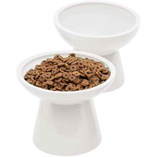 CEEFU 2 x Extra Wide Ceramic Cat Bowls for Food and Water, Shallow Plate, Lead and Cadmium Free, Raised Height for Dogs and Cats, Two Different Depth Bowls, White