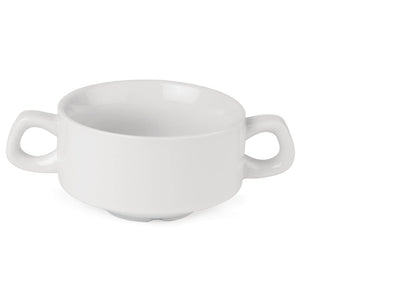 Olympia Athena Hotelware Stacking White Handled Soup Bowls 290ml / 10 1/4 ounce, Pack of 12, Diameter: 107mm / 4 1/4 inch, Chip Resistant Porcelain,
