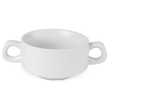 Olympia Athena Hotelware Stacking White Handled Soup Bowls 290ml / 10 1/4 ounce, Pack of 12, Diameter: 107mm / 4 1/4 inch, Chip Resistant Porcelain,