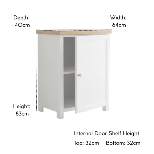 ALL WHITE Storage Cabinet with Open Shelf, White and Oak Top, 2 Doors with Metal Knobs, Ready Assembled Storage Cabinet for Hallway or Livingroom