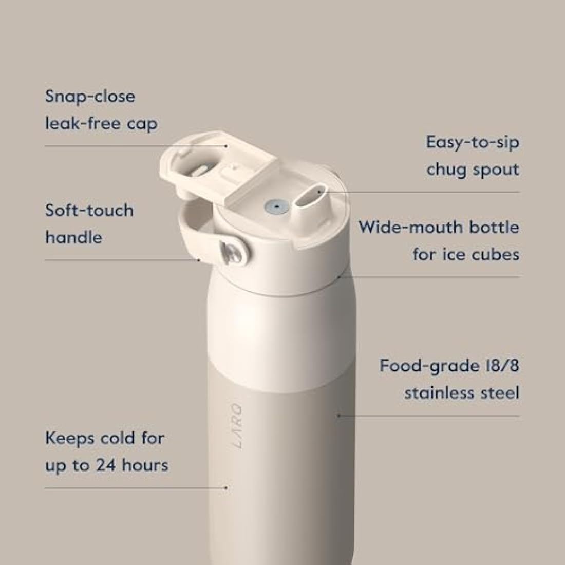 LARQ Swig Top 23oz - Insulated Stainless Steel Water Bottle with Built-in Silicone Handle | Thermos, BPA Free | Reusable Bottle for Sports, Gym, and Travel, Mojave Dune