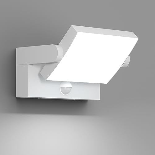 Klighten 24W Wall Light with Motion Sensor Outdoor Indoor IP65 Aluminum Modern Outside Light with Swiveling LED Panel Wall Lamp for Entrance Garden Terrace, Cold White 5700K-6000K, White