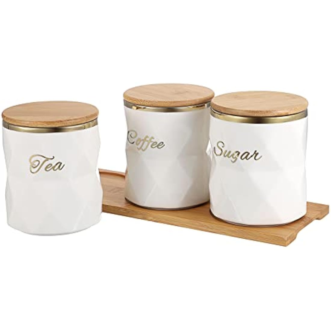 BTSKY White Ceramic Sugar Coffee Tea Canisters with Lid and Tray - Airtight Set of 3 Storage Canisters Food Storage Containers Pots Jars with Bamboo Lid for Kitchen Counter