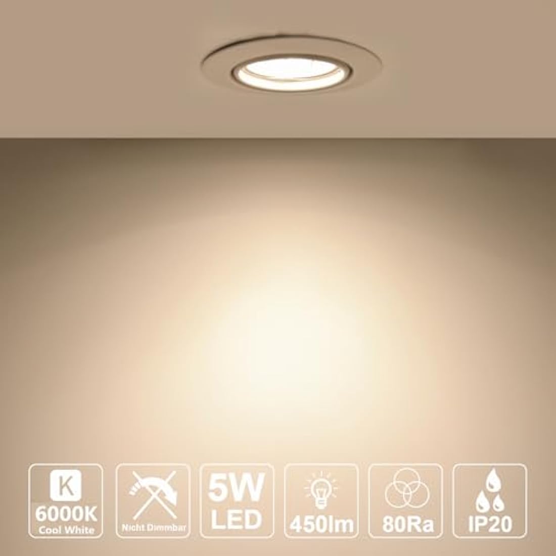 HiBay 6X Round GU10 Downlights Tilt LED Recessed Ceiling Lights Brushed Chrome Spotlights Fitting with 5W LED Bulbs Cool White 240V