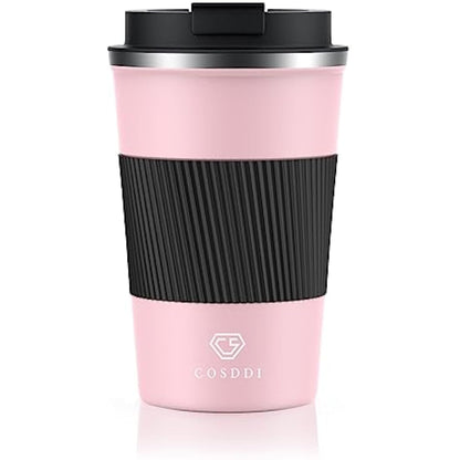 CS COSDDI Travel Mugs, Insulated Coffee Cup with Leakproof Lid - Reusable Coffee Cups Travel - Car Coffee Cup - Stainless Steel Coffee Mug for Hot and Cold Water and Tea, 380ml