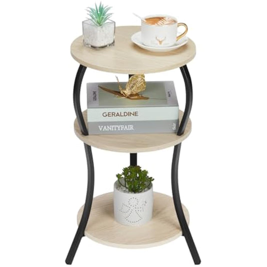 YEAKOO Vintage Round Side Table,3-Tier Slim Waist End Table with Storage Shelves,Round Sofa Side Table Small Corner Coffee Table Bedside for Living Room Bedroom Small Spaces