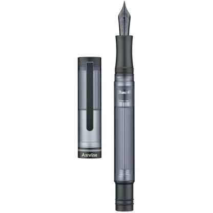 Asvine V200 Titanium Fountain Pen Vacuum Filling, Matte Black Bock Broad Nib Transparent Acrylic Smooth Writing Pen Case Set