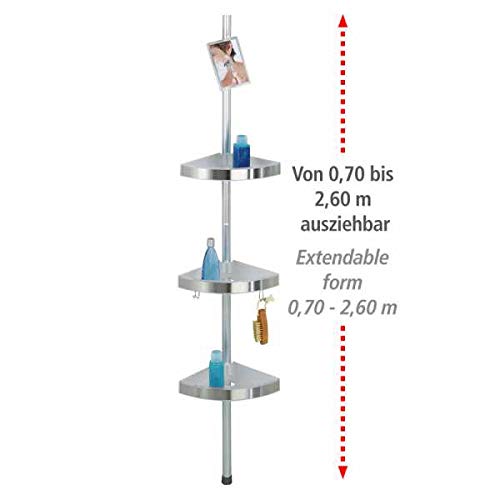 Wenko 20349100 Telescopic Shower Corner Element Premium 3 Shelves, 2 Hooks and Mirror, Metal Aluminium, 27.5 x 70260 x 20 cm, Satinised