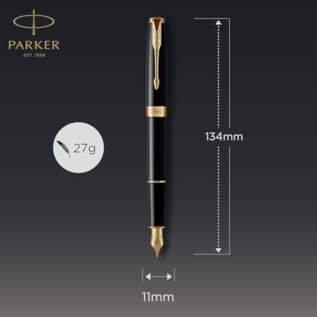 Parker Sonnet Fountain Pen | Black Lacquer with Gold Trim | Fine Nib | Gift Box