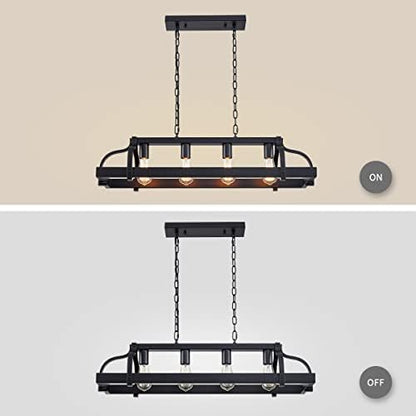 WUZUPS 4-Light Metal Pot Hanging Rack Chandelier Linear Pendant Ceiling Lighting Rustic Farmhouse Fixture Kitchen Island Dining Room, H25 x L88 x W30, E27 Base, Black