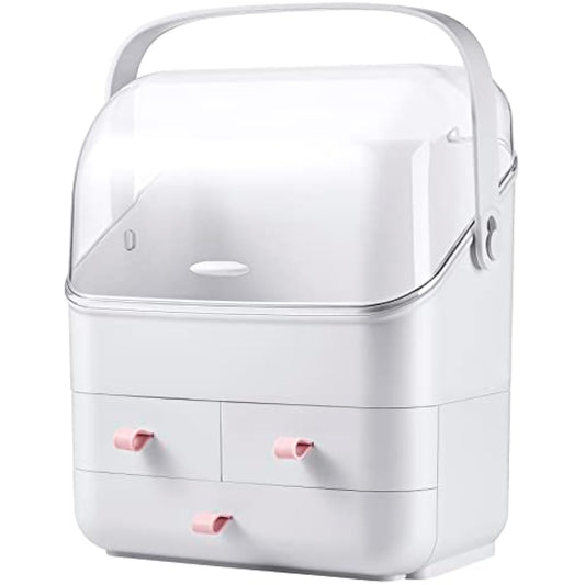 LINFIDITE Cosmetic Storage Box with Lid Makeup Organizer Box with Dust Free Cover Portable Handle,Large Makeup Display Case with Drawers Fully Open Lid,Great for Bathroom Countertop Bedroom Dresser