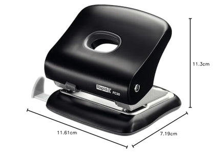 Rapid Fashion FC30 Strong 2 Hole Punch, Punches up to 30 Sheets, Adjustable Guide Bar, Ergonomic Design, Black, 23639401