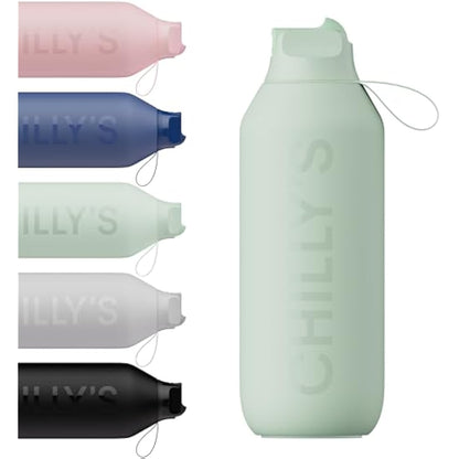 Chilly's Series 2 Flip Water Bottle with Sports Lid, Telescopic Straw and Nylon Carry Loop - Easy Flip Lid, Straw Cleaning Brush Included