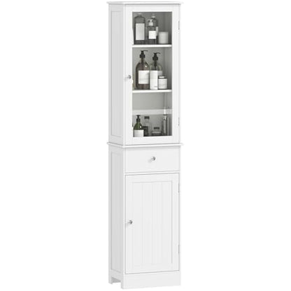 kleankin Bathroom Storage Cabinet with 3-tier Shelf Drawer Door, Floor Cabinet Free Standing Tall Slim Side Organizer Shelves, White