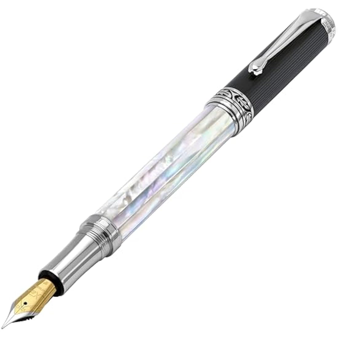 Xezo Maestro Handmade Fountain Pen, Fine Nib. Iridescent Oceanic Origin White Mother of Pearl with Diamond-Like Carbon PVD. Serialized, No Two Pens Alike