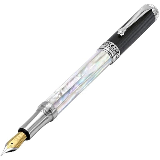 Xezo Maestro Handmade Fountain Pen, Fine Nib. Iridescent Oceanic Origin White Mother of Pearl with Diamond-Like Carbon PVD. Serialized, No Two Pens Alike