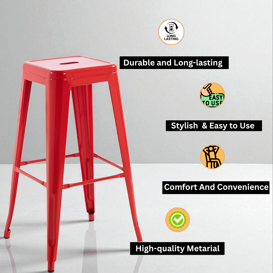 Modern and Contemporary 76CM Sleek Industrial Metal Bar Stool – Durable Sturdy Steel Frame with Comfortable Seat for Kitchen Islands, Home Bars, Cafes, and Restaurants (Red)