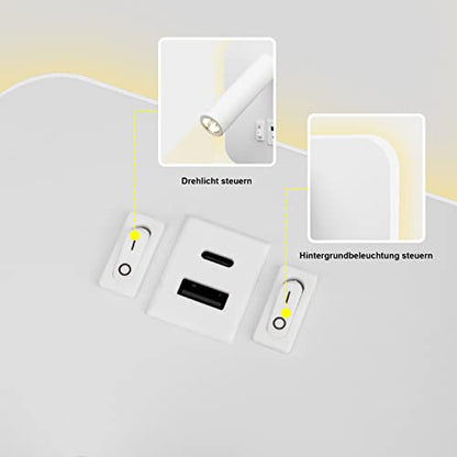 uksunvi LED Reading Lamp Wall Lamp USB Type-C Two Charge Mouth Switch Adjustable 12W LED Spotlight 3000K Wall Lamp Aluminum Bed Lamp Rotatable (Square