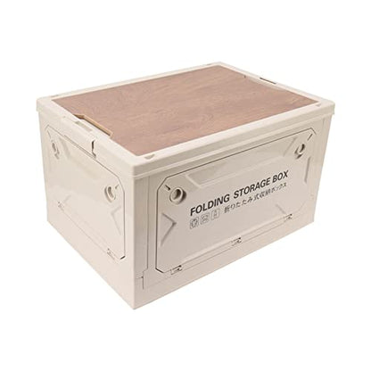 Folding Storage Box with Wood Lid, 50L Collapsible Storage Bin with Wheels and Locking Plate for Camping Car Picnic Organization