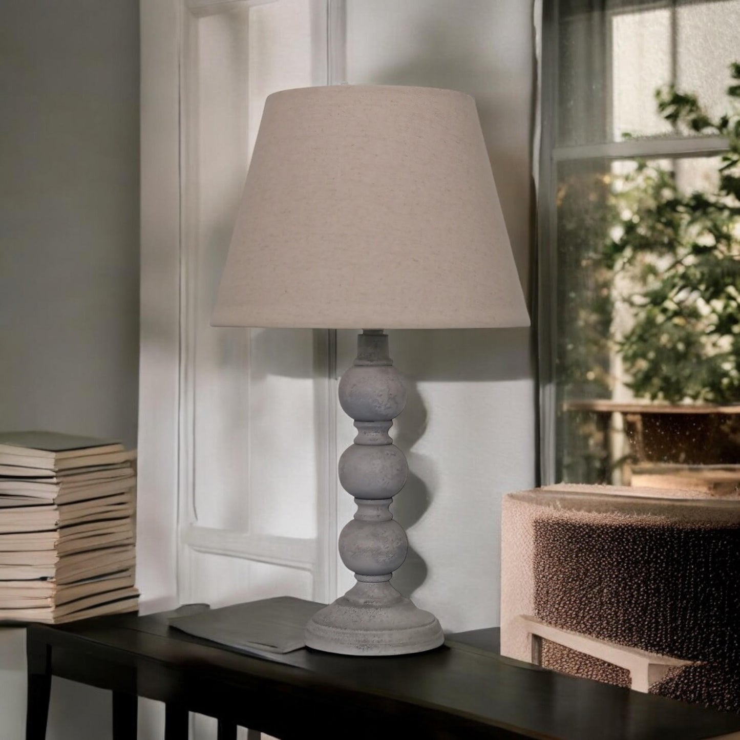 AcaciaHome Modern Tall Wooden Washed Table Lamp - Traditional Shabby Chic Design with Taupe Linen Shade, Wood Effect Finish for Living Rooms, Bedrooms, or Hallways Decor (31cm Grey with Cream Shade)