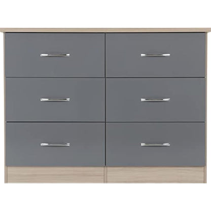 Seconique Nevada 6 Drawer Chest in Grey Gloss/Light Oak Effect Veneer