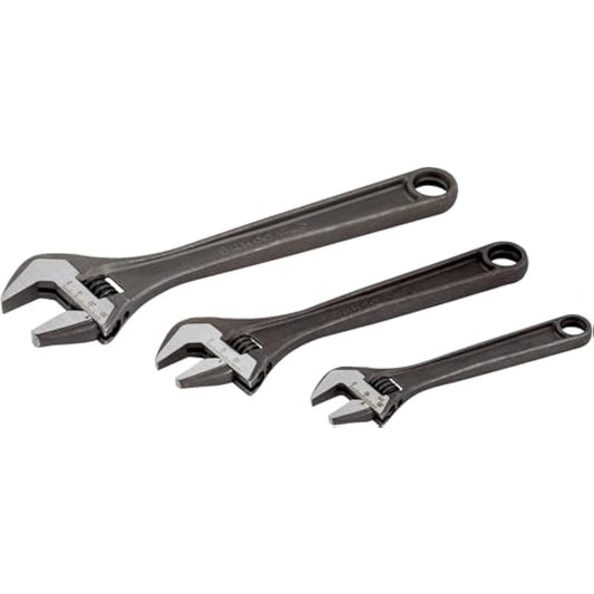 Bahco BHADJUST 3 ADJ3 Set of 3 Adjustable Wrenches (8070/8071 / 8072), Grey, 16 degree head angle