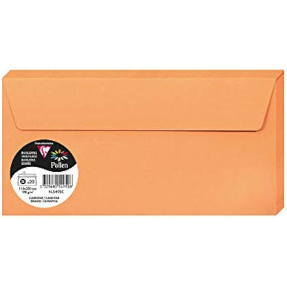 Clairefontaine - Ref 5495C - Pollen Adhesive Envelopes (Pack of 20) - DL Sized, 120gsm Paper, Printer-Compatible, Acid Free, Adhesive Strip for Easy Seal - Clementine Orange